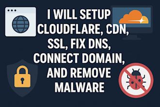setup cloudflare, CDN, SSL, fix dns, connect domain, and remove malware
