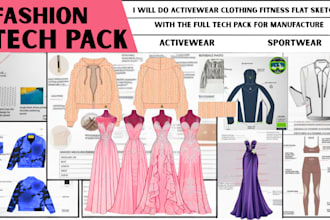 do activewear clothing fitness flat sketch fashion tech pack fashion designer