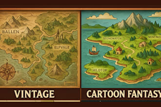 redesign your fantasy dnd game map or vector map in vintage, cartoon scifi style