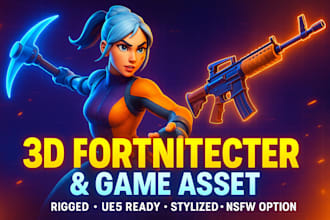 design a 3d fortnite character, game asset, rigged for ue5 or animation