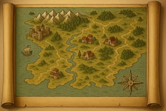 draw a fantasy world map or vector map illustration for novels rpgs