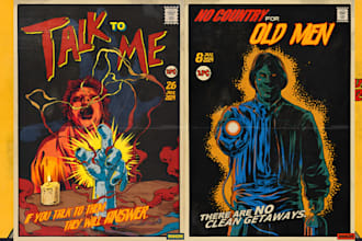 draw retro vintage comic illustration, comic page retro vintage movie poster