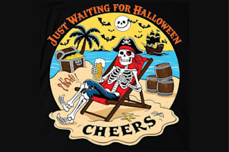 make surfboard halloween themed illustration skeletal beach logo