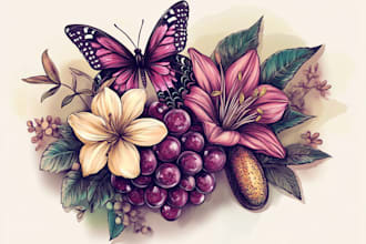 create a digital botanical illustration, flower, fruits,logo