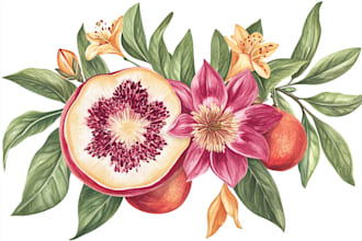 create a digital botanical illustration, flower, fruits,logo