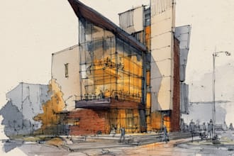 sketch architecture building with watercolor rendering