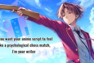 write anime scripts blending power, war, and strategic laws