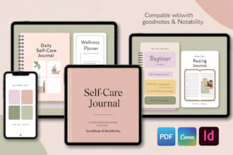 design daily self care journal, wellness journal, digital reading journal ebook
