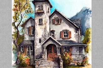 sketch architectural house portraits and landscape scenery with watercolor