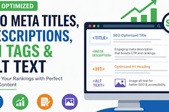 write SEO meta titles, descriptions, h1 tags  alt text