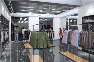 render 3d architectural clothing store design, virtual staging, interior design
