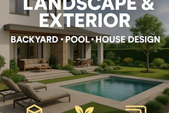 design landscape garden, backyard swimming pool, house exterior in 3d format