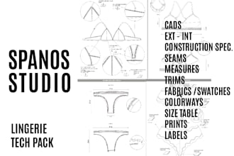 create technical flat sketches and tech packs for underwear