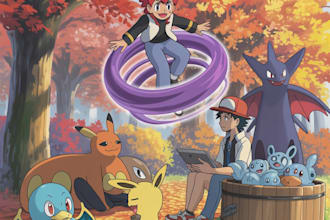draw your pokemon team with you as a trainer in epic anime style and background