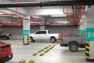design 3d car park, 3d garage, modern parking space, parking stall, car showroom