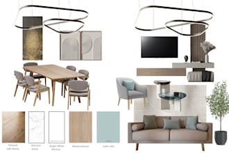 create a professional interior mood board with shopping list
