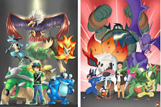 draw anime pokemon character art, custom pokemon trainer tcg card, fanart, logo