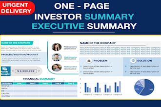 one pager investor summary, executive summary one page pitch, startup sell sheet