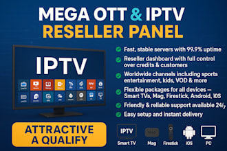 create iptv reseller panel strong 8k, lion ott, trex, mega ott, b1g with credit
