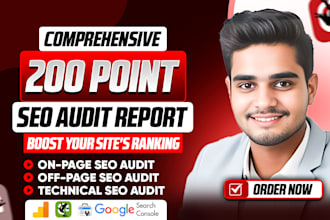 do a 200 point SEO audit with action plan, keyword research and fixes