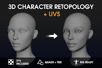do 3d character retopology and uv mapping for game or animation