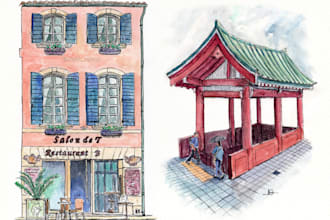create a custom pen and watercolor house or building