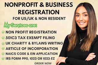 do 501c3 non profit registration, llc, ein, UK charity, samgov, form 990, bylaws