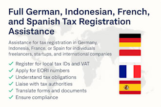 full german, indonesian, french, and spanish tax registration assistance