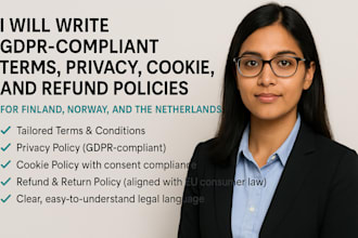 write terms and conditions, gdpr privacy, cookie, for finland,norway,netherland