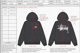 design fashion apparel clothing, hoodies jacket tech pack sketch mockup of brand
