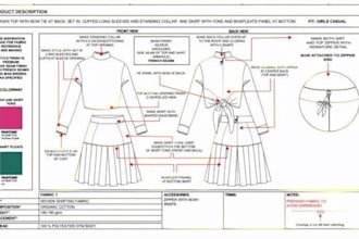 create clothing tech pack fashion apparel and flat sketch design
