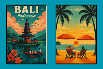 design art deco, vintage, retro, modern travel poster or landscape illustration