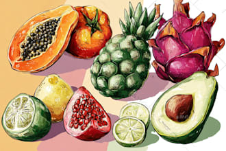 paint vegetables, fruits, flowers and plants illustrations