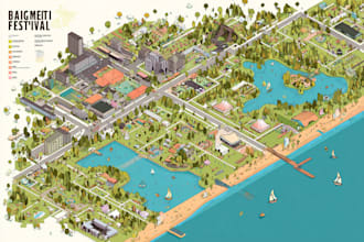 illustrate a custom vector 2d map, campground site, and city map