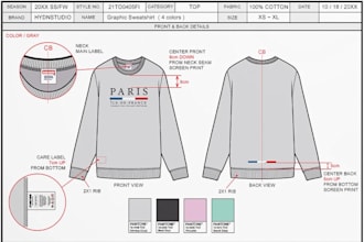 create  factory ready fashion tech pack with flat sketches and spec sheet