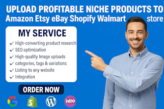 upload profitable niche product to amazon etsy ebay shopify walmart newegg store