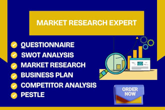 do detailed market research, questionnaire, swot analysis, business plan, pestle