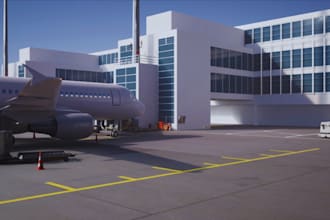 create photorealistic 3d airplane hangar, 3d warehouse, 3d aviation facilities