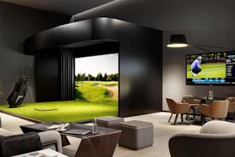 renew 3d golf simulator interior, living room golf course, ikea furniture render