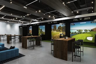 design indoor golf,wall golf screen,simulator rendering, led light,multiple bays