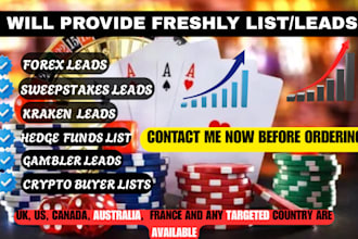 gives freshly  sweepstakes leads, gambler leads, hedge funds lists, forex leads