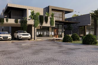 redesign 3d architectural house,realistic renderig, furniture layout,parking lot