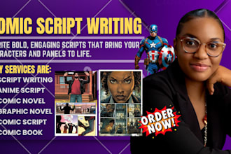 do comic script writing, comic book, anime script, manga script, graphic novel