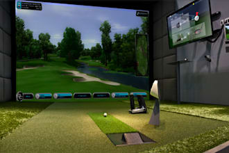 3d golf simulator setup, virtual golf course, golf interior,cgi rendering sports