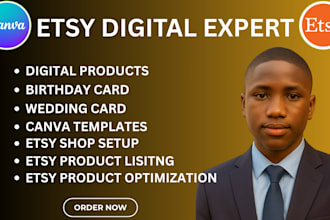 design etsy digital product etsy shop setup seo listings canva invitation