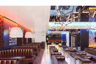 build restaurant, cafe, bar interiors with 3d commercial building, cgi rendering