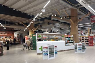 remodel grocery store, hypermarket design, shopping, pharmacy,retail rendering