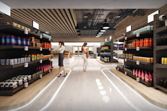 construct 3d supermarket, render departmental store, workspace, shopping mall