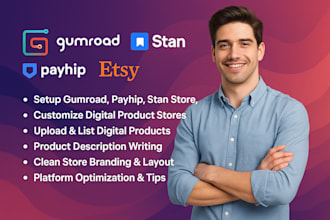 setup and customize gumroad, payhip, stanstore, etsy digital products listing