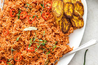 rice and plantain with salad and juice